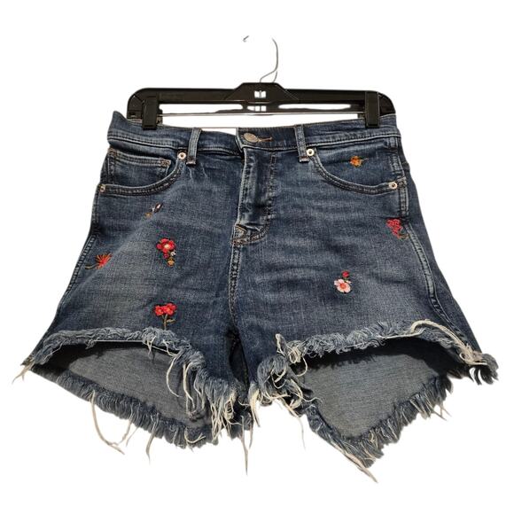 Express Floral Embroidery Jean Shorts Women Sz 2 Distressed Cutoffs Boho Cottage - Picture 1 of 13
